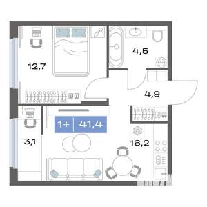 1-к квартира, строящийся дом, 41м2, 17/17 этаж