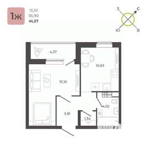 1-к квартира, строящийся дом, 41м2, 13/23 этаж