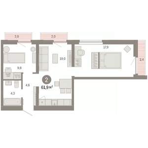 2-к квартира, вторичка, 62м2, 9/9 этаж