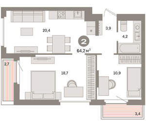 2-к квартира, вторичка, 64м2, 3/9 этаж
