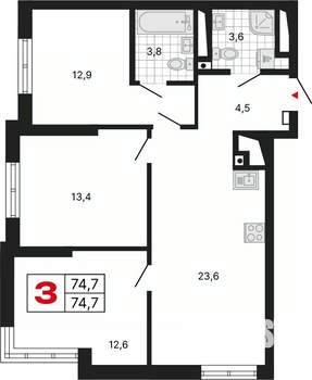 3-к квартира, вторичка, 75м2, 14/29 этаж