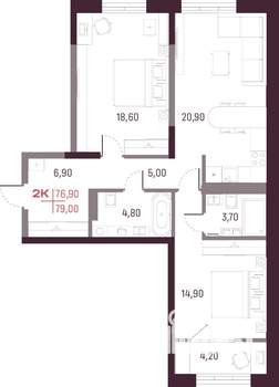2-к квартира, вторичка, 77м2, 15/25 этаж
