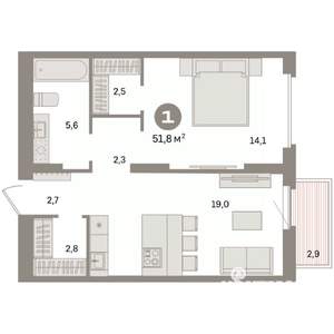 1-к квартира, вторичка, 52м2, 12/16 этаж