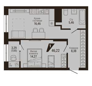 1-к квартира, вторичка, 46м2, 20/23 этаж