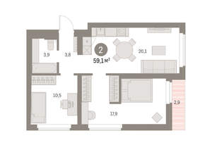 2-к квартира, вторичка, 59м2, 2/9 этаж