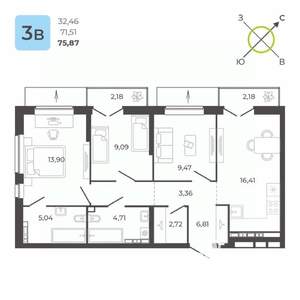3-к квартира, строящийся дом, 74м2, 18/23 этаж