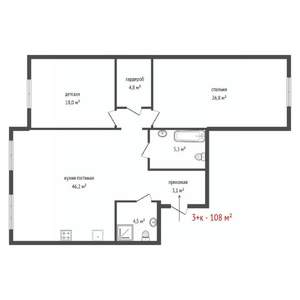 2-к квартира, вторичка, 108м2, 17/25 этаж