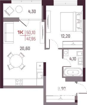1-к квартира, вторичка, 48м2, 6/25 этаж
