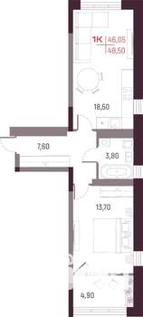 1-к квартира, вторичка, 46м2, 23/25 этаж
