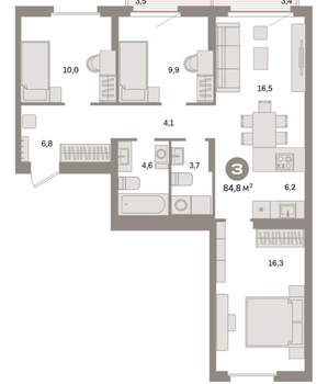3-к квартира, вторичка, 85м2, 7/16 этаж