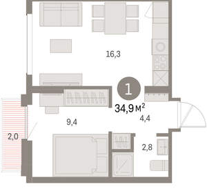 1-к квартира, вторичка, 35м2, 7/9 этаж