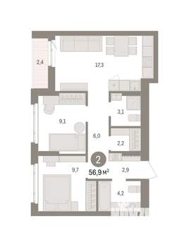 2-к квартира, вторичка, 57м2, 2/7 этаж