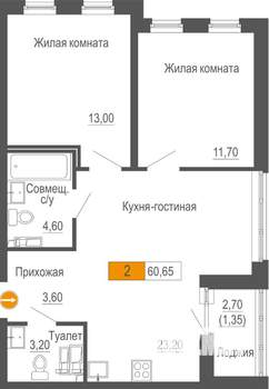 2-к квартира, строящийся дом, 61м2, 19/25 этаж