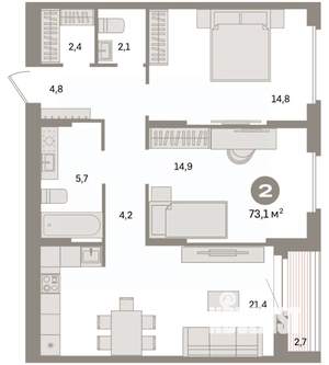 2-к квартира, вторичка, 73м2, 7/16 этаж