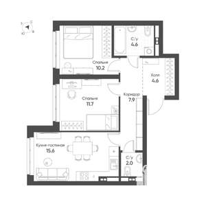 2-к квартира, строящийся дом, 56м2, 5/15 этаж