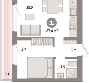 1-к квартира, вторичка, 37м2, 8/16 этаж