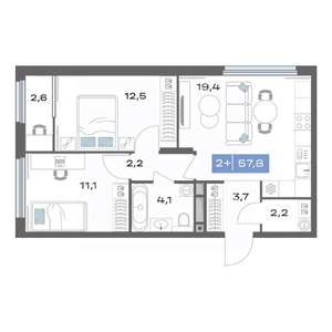 2-к квартира, строящийся дом, 58м2, 14/20 этаж