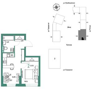 2-к квартира, строящийся дом, 32м2, 4/24 этаж