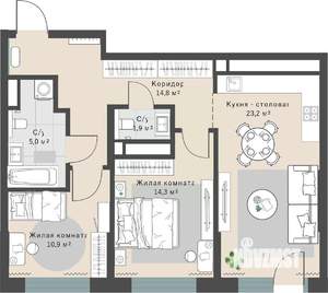 2-к квартира, строящийся дом, 70м2, 2/29 этаж