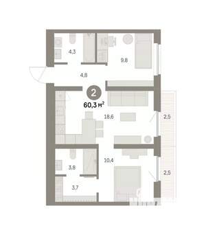 2-к квартира, вторичка, 60м2, 2/9 этаж