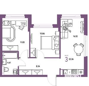 3-к квартира, строящийся дом, 52м2, 10/24 этаж