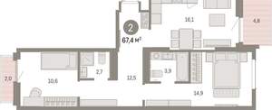 2-к квартира, вторичка, 67м2, 4/9 этаж