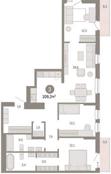 3-к квартира, вторичка, 109м2, 8/17 этаж
