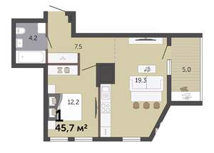 1-к квартира, строящийся дом, 46м2, 17/19 этаж