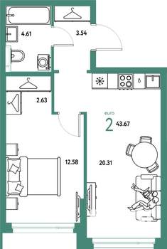 2-к квартира, строящийся дом, 44м2, 8/24 этаж