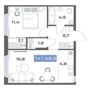 1-к квартира, строящийся дом, 46м2, 3/17 этаж
