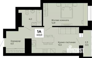 1-к квартира, строящийся дом, 40м2, 24/25 этаж
