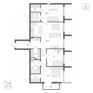 3-к квартира, строящийся дом, 98м2, 13/32 этаж