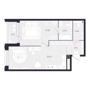 1-к квартира, строящийся дом, 54м2, 2/24 этаж