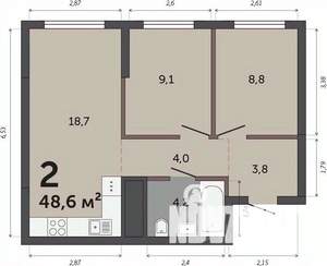 2-к квартира, строящийся дом, 49м2, 27/30 этаж