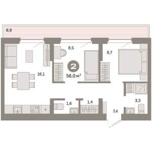 2-к квартира, вторичка, 56м2, 7/7 этаж