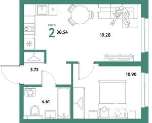 2-к квартира, строящийся дом, 39м2, 14/21 этаж