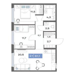2-к квартира, строящийся дом, 61м2, 5/20 этаж