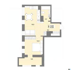 1-к квартира, вторичка, 44м2, 22/30 этаж