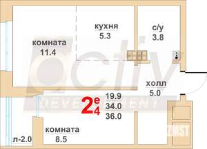2-к квартира, вторичка, 34м2, 2/16 этаж