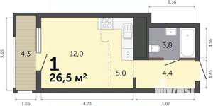 Студия квартира, вторичка, 27м2, 6/19 этаж