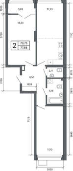 2-к квартира, вторичка, 77м2, 13/24 этаж