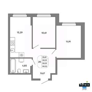 2-к квартира, вторичка, 50м2, 19/32 этаж