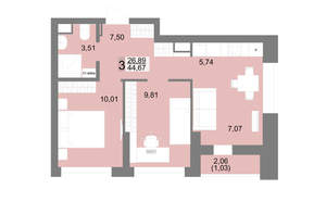 3-к квартира, вторичка, 45м2, 14/27 этаж