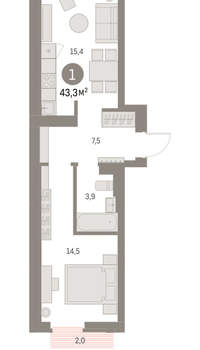 1-к квартира, вторичка, 43м2, 2/9 этаж