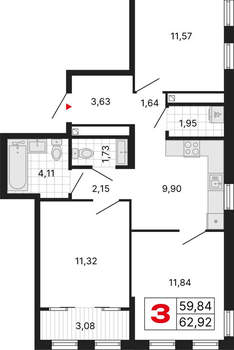 3-к квартира, вторичка, 63м2, 24/25 этаж