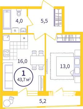 1-к квартира, вторичка, 41м2, 4/8 этаж