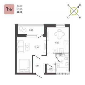 1-к квартира, вторичка, 41м2, 18/23 этаж