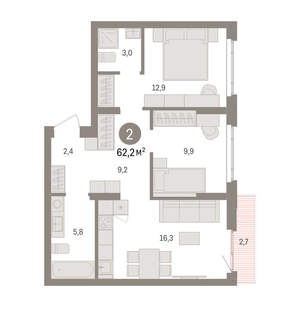 2-к квартира, вторичка, 62м2, 3/16 этаж