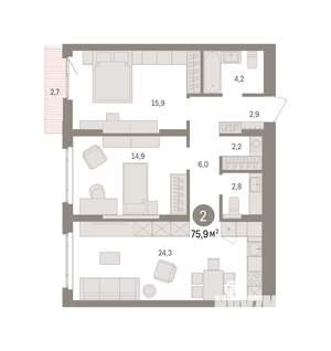 2-к квартира, вторичка, 76м2, 8/16 этаж