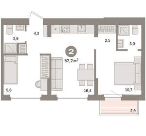 2-к квартира, вторичка, 52м2, 5/16 этаж